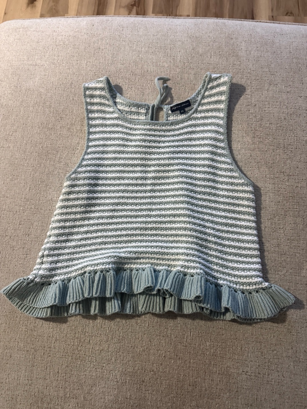 Striped Ruffle-Hem Knit Tank Top - Light green & White